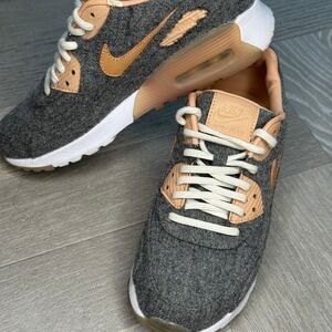 Nike Air Max 90 Grey Wool Tan Leather Casual Sneakers Shoes 6.5 Fashion Athletic